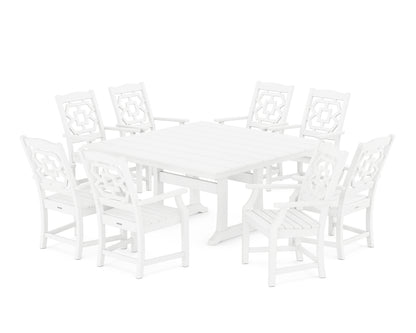Martha Stewart by POLYWOOD® Chinoiserie 9-Piece Square Farmhouse Dining Set with Trestle Legs in White