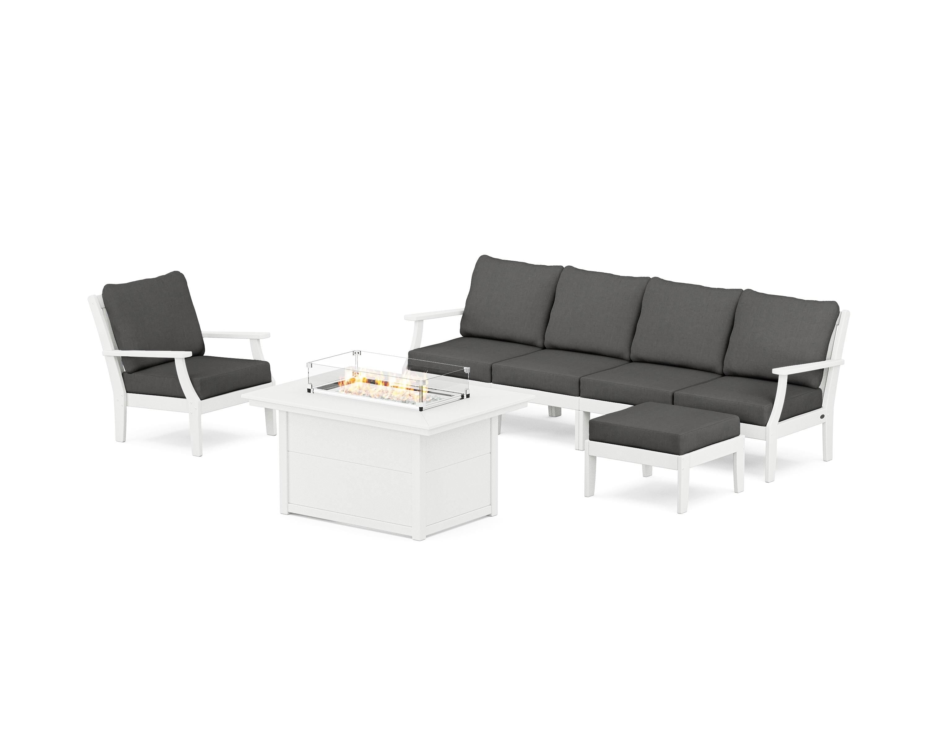 POLYWOOD® Braxton Sectional Lounge and Fire Pit Set in Vintage White / Spectrum Carbon