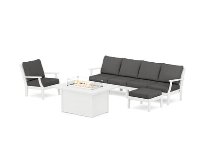 POLYWOOD® Braxton Sectional Lounge and Fire Pit Set in Vintage White / Spectrum Carbon