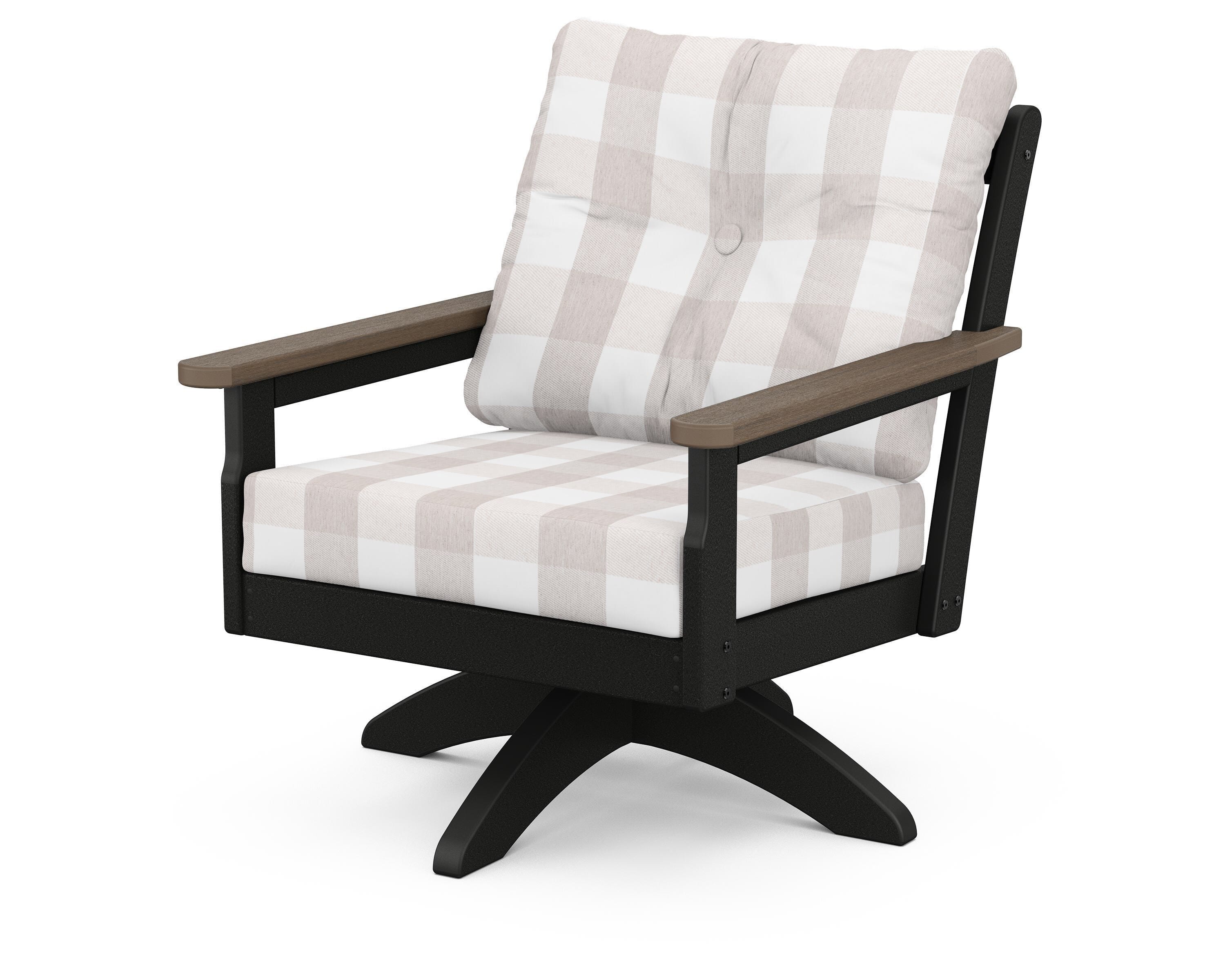 POLYWOOD® Vineyard Deep Seating Swivel Chair in Black / Kona / Buffalo Plaid Dune Burlap