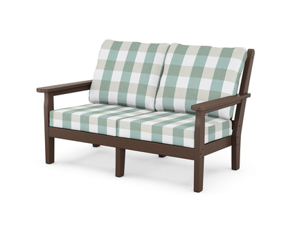POLYWOOD® Chippendale Deep Seating Loveseat in Mahogany / Buffalo Plaid Glacier Spa