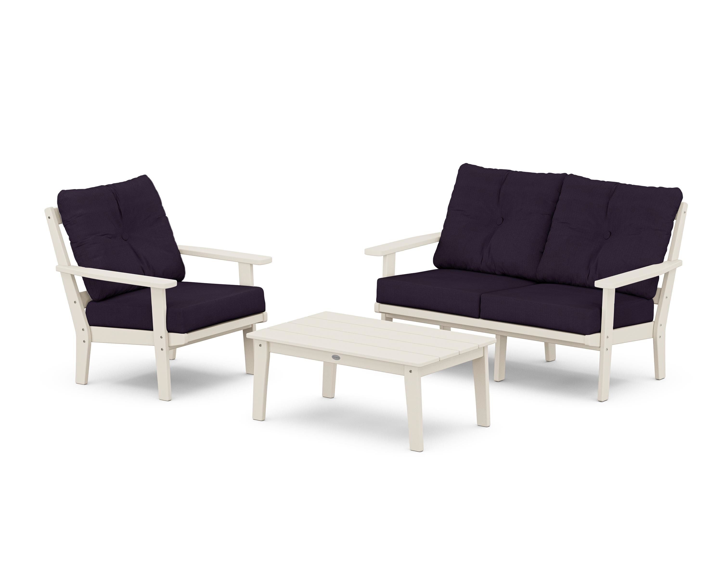 POLYWOOD® Prairie 3-Piece Deep Seating Set with Loveseat in Sand / Navy Linen