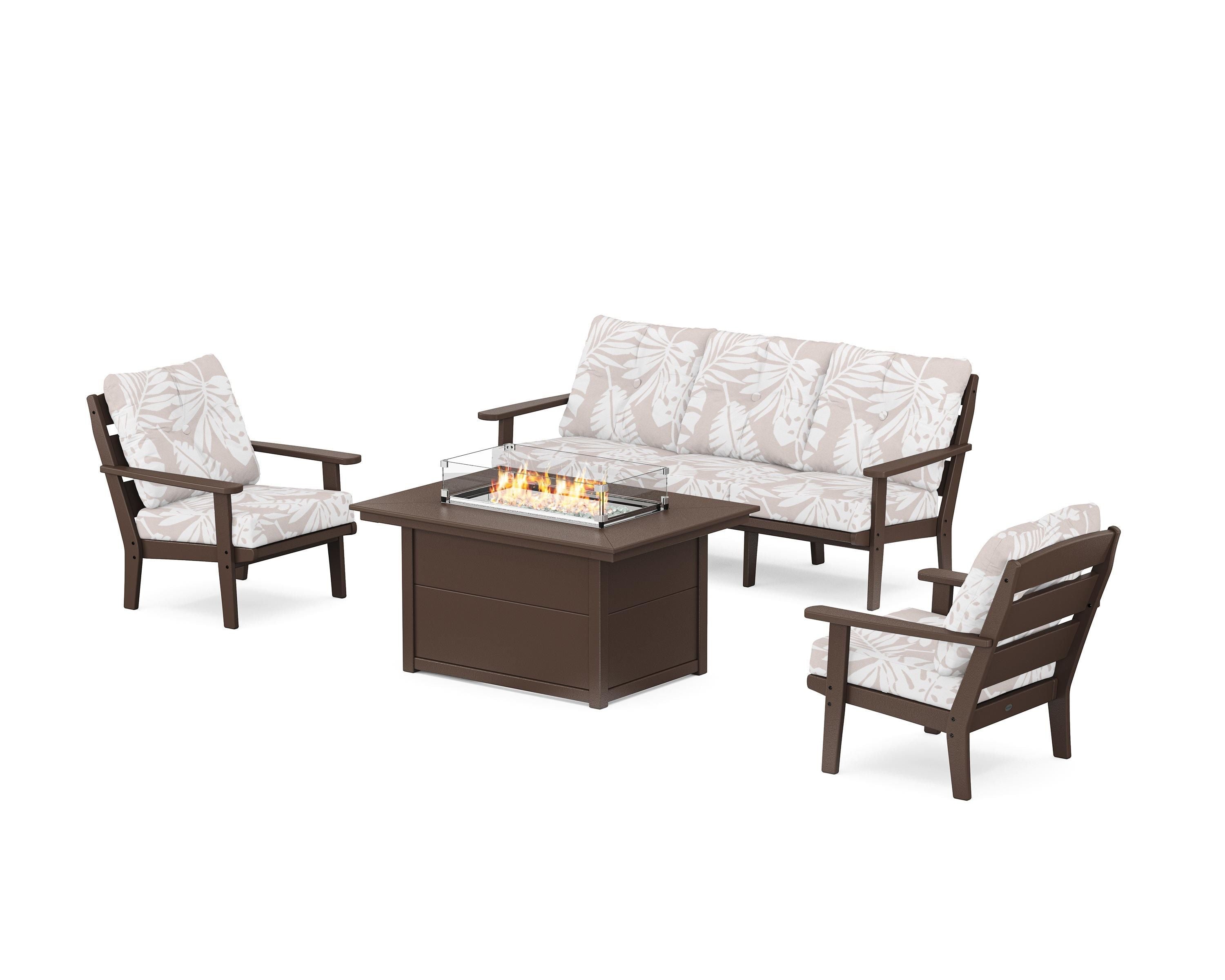 POLYWOOD® Lakeside Deep Seating Fire Pit Table Set in Mahogany / Leaf Dune Burlap