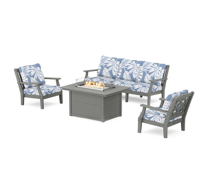 Martha Stewart by POLYWOOD® Chinoiserie Deep Seating Fire Pit Table Set in Slate Grey / Leaf Sky Blue