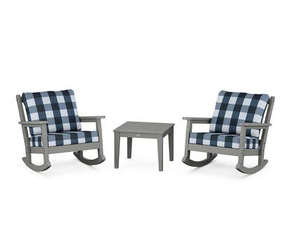 POLYWOOD® Chippendale 3-Piece Deep Seating Rocker Set in Slate Grey / Buffalo Plaid Marine Indigo