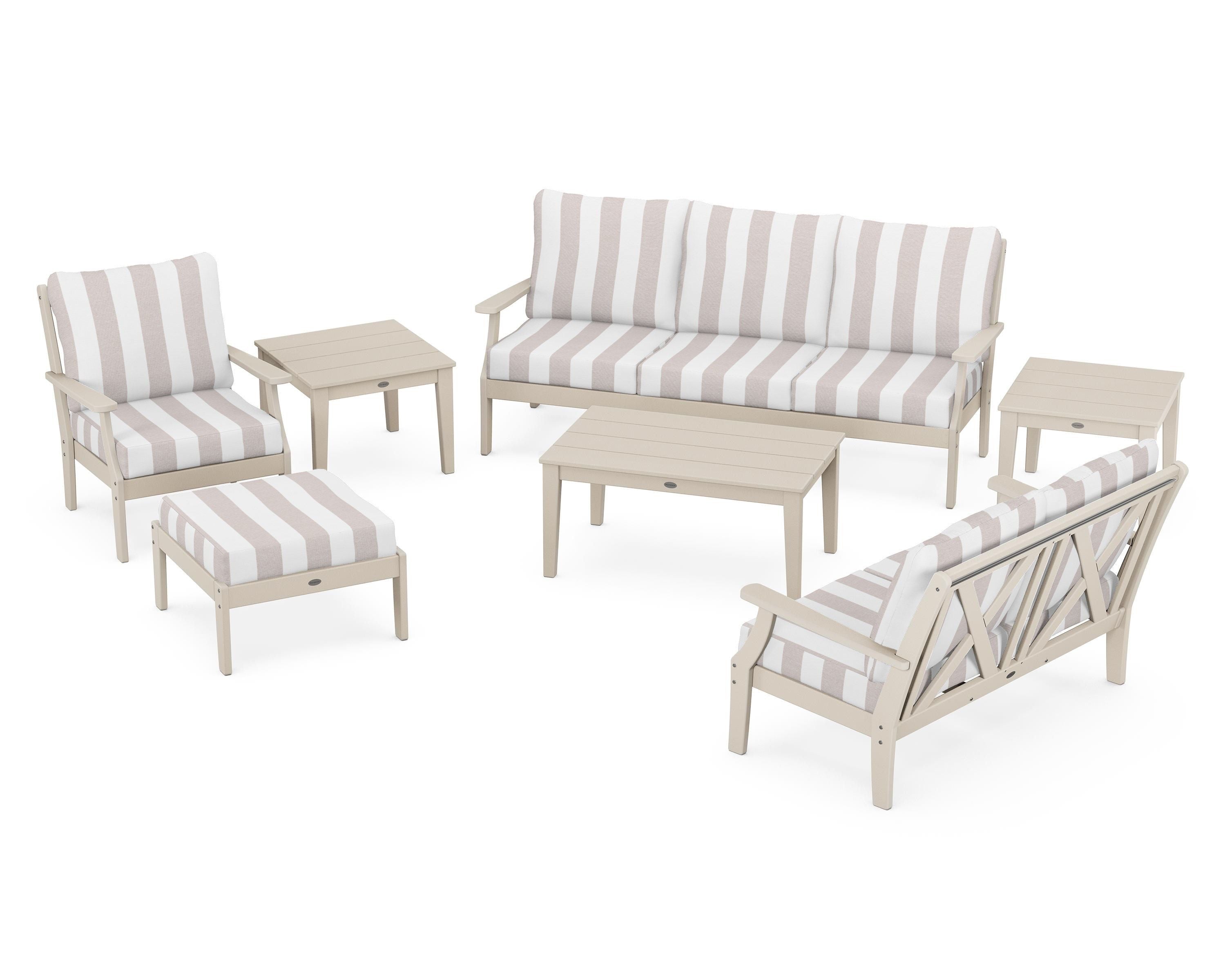 POLYWOOD® Braxton 7-Piece Deep Seating Set in Sand / Cabana Stripe Dune Burlap