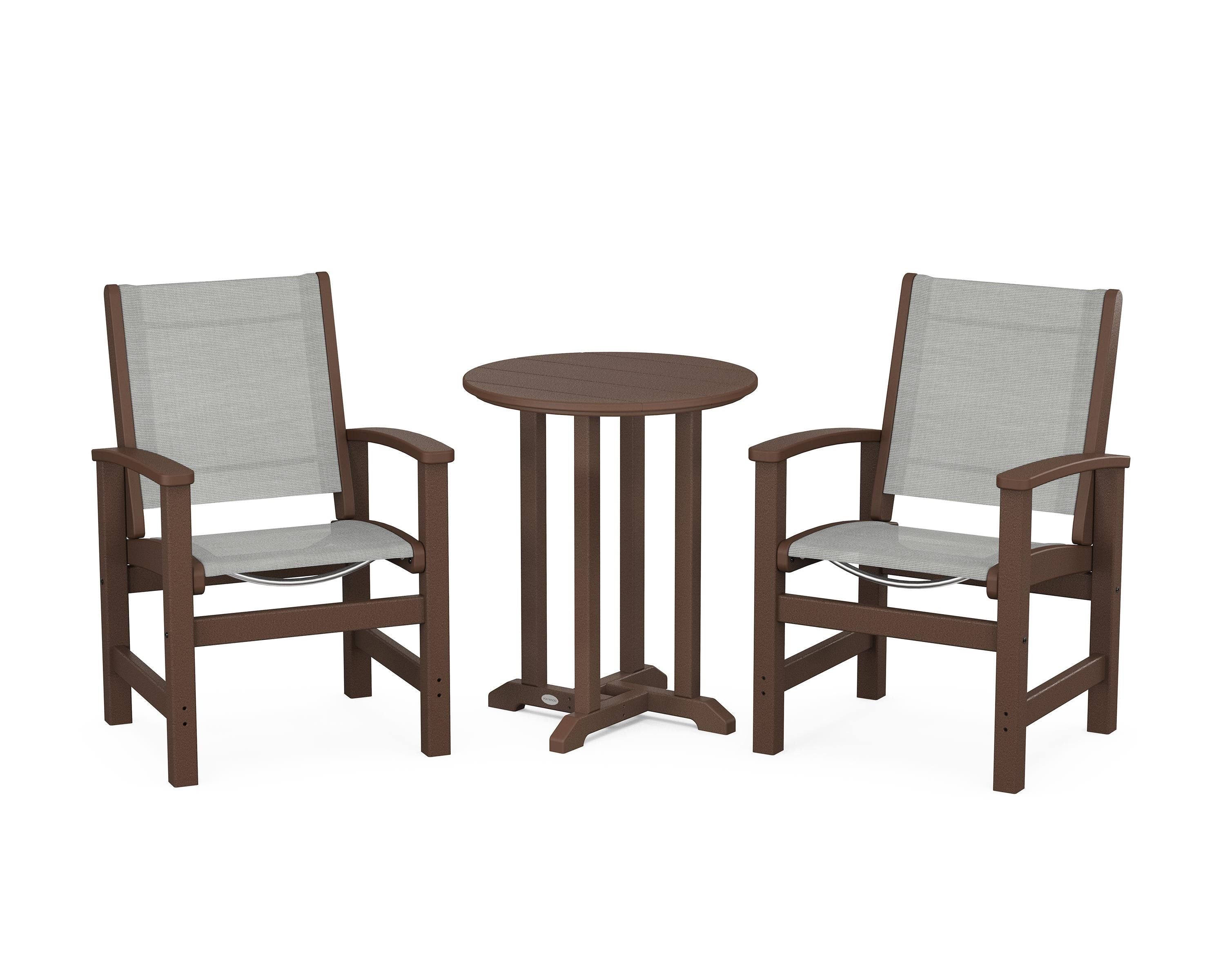 POLYWOOD® Coastal 3-Piece Round Bistro Dining Set in Mahogany / Metallic Sling