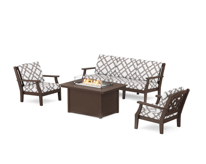 Martha Stewart by POLYWOOD® Chinoiserie Deep Seating Fire Pit Table Set in Mahogany / Trellis Grey Mist