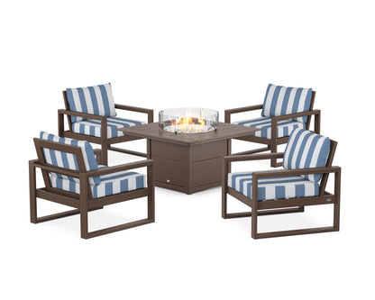 POLYWOOD® EDGE Sectional 5-Piece Deep Seating Set with Fire Pit Table in Mahogany / Cabana Stripe Sky Blue