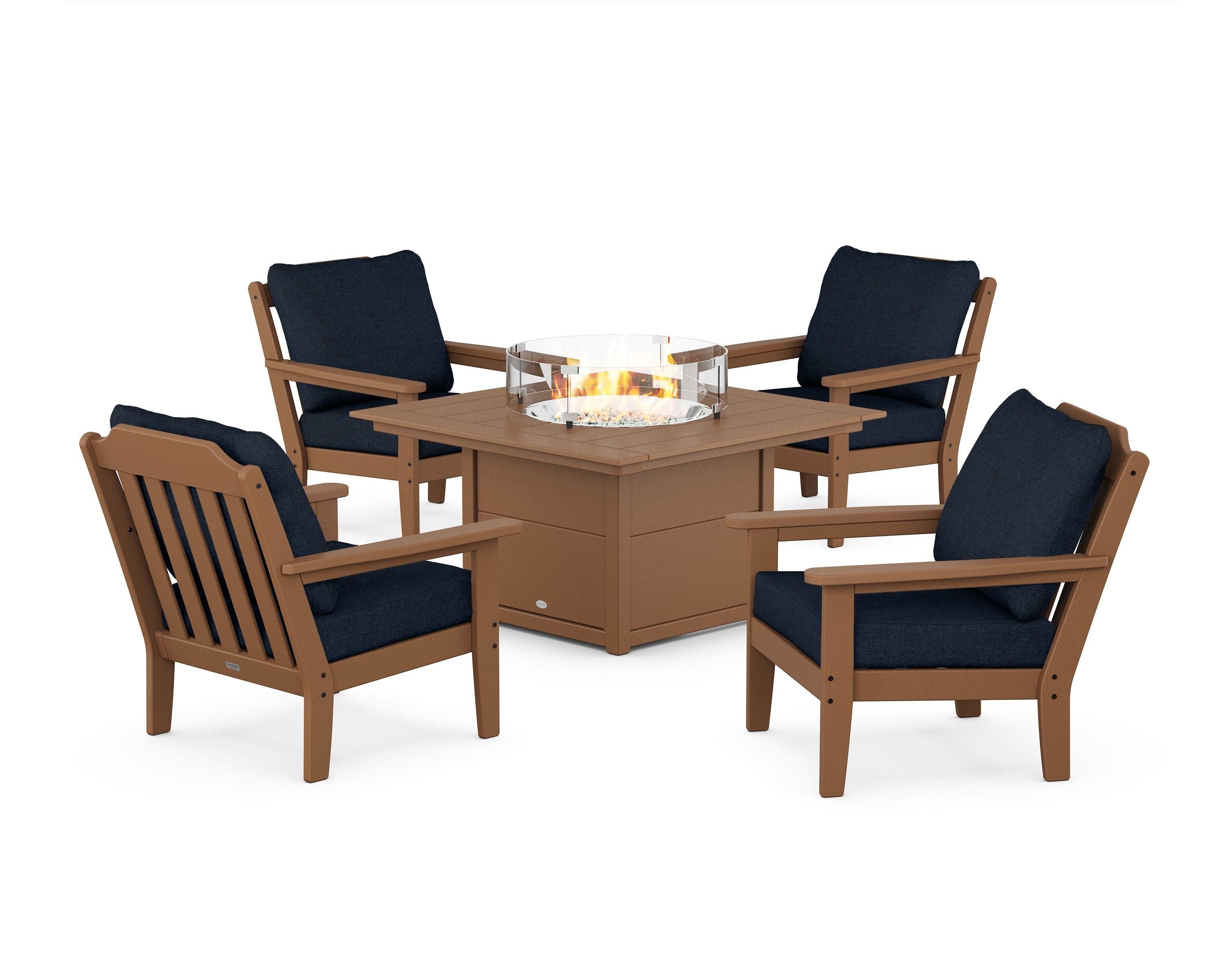 Country Living Cottage 5-Piece Deep Seating Set with Fire Pit Table in Teak / Marine Indigo