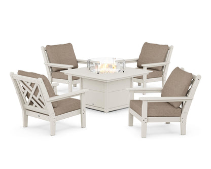 POLYWOOD® Chippendale 5-Piece Deep Seating Set with Fire Pit Table in Sand / Spiced Burlap