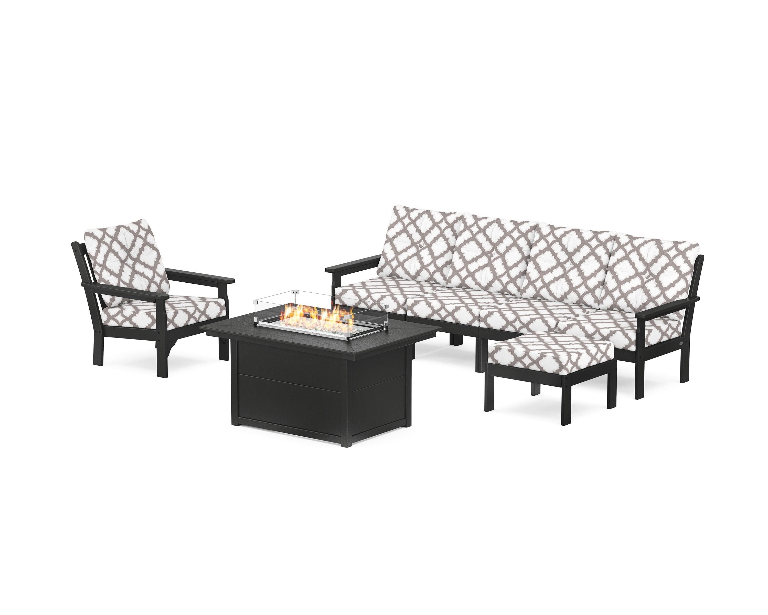 POLYWOOD® Vineyard Sectional Lounge and Fire Pit Set in Black / Trellis Grey Mist