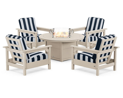 POLYWOOD® Club 5-Piece Conversation Set with Fire Pit Table in Sand / Cabana Stripe Marine Indigo