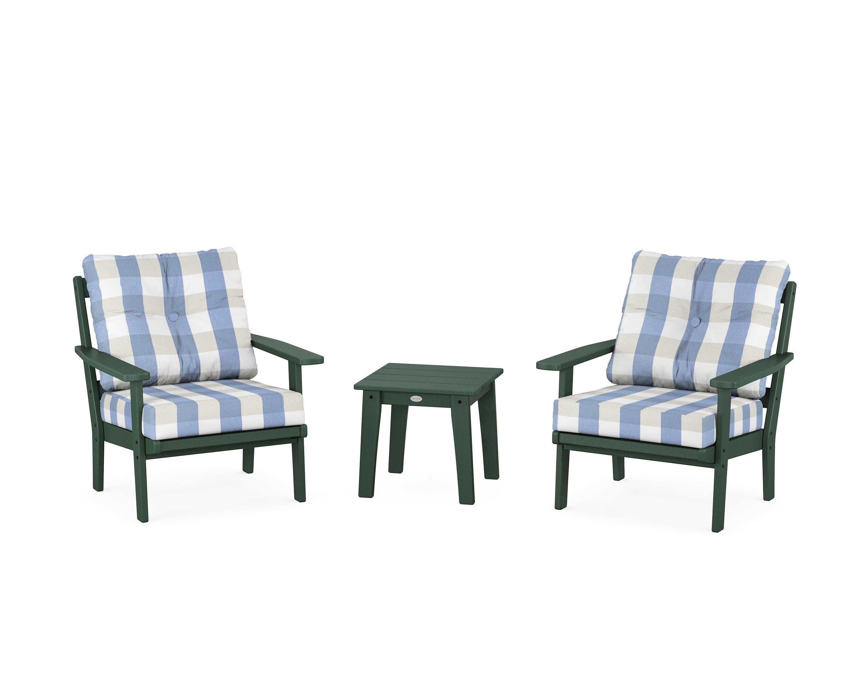 POLYWOOD® Oxford 3-Piece Deep Seating Set in Green / Buffalo Plaid Sky Blue