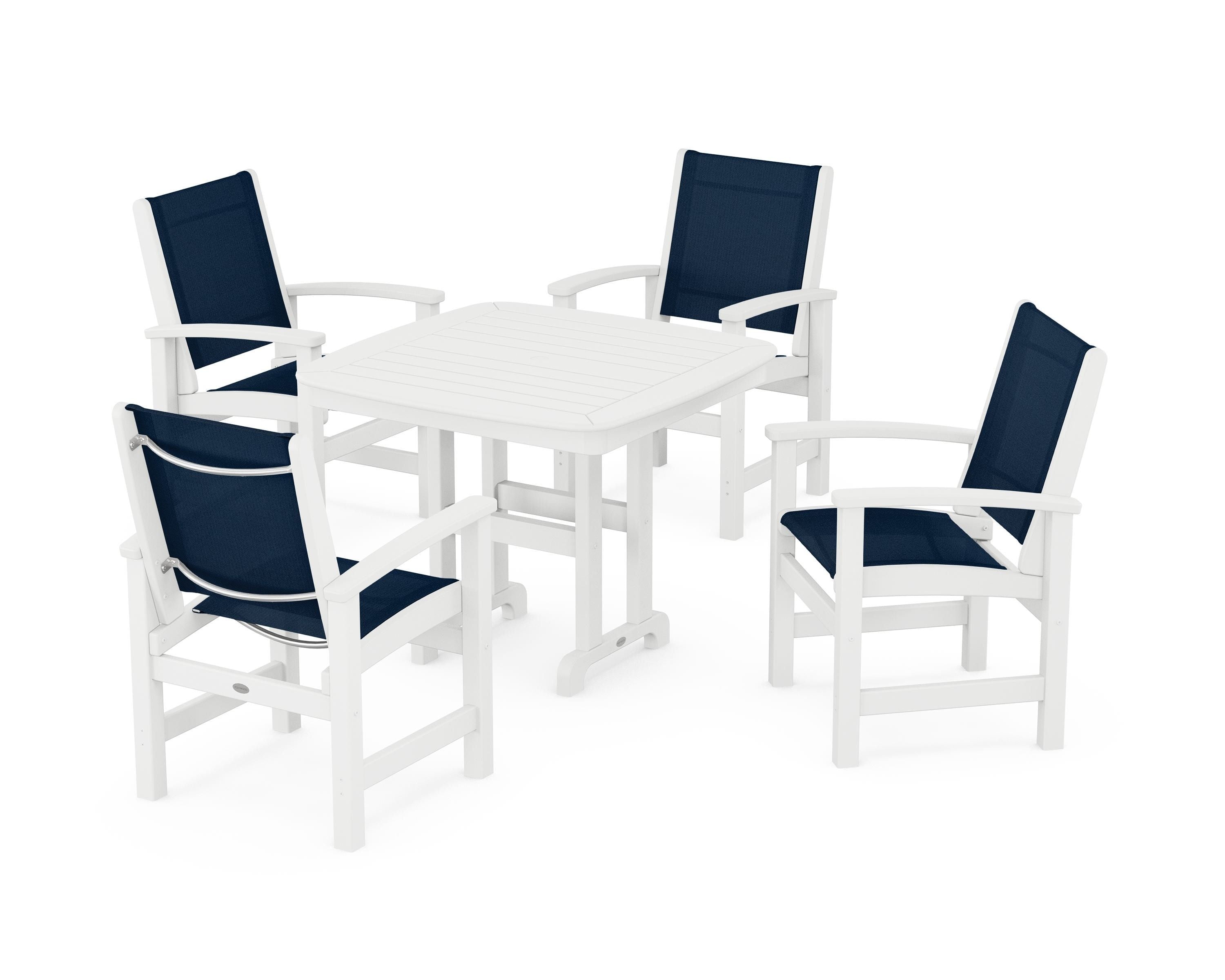 POLYWOOD® Coastal 5-Piece Dining Set in White / Navy Blue Sling