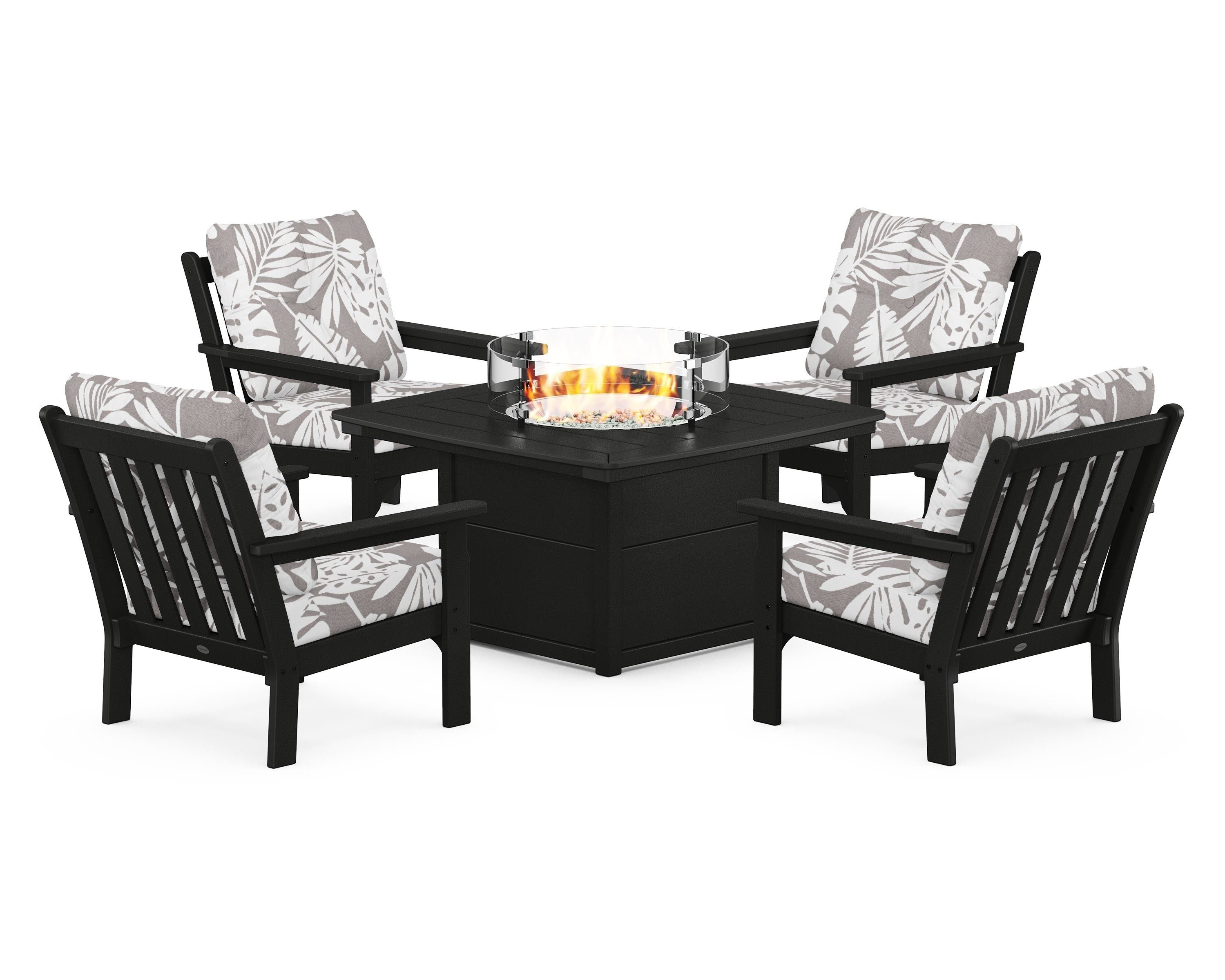 POLYWOOD® Vineyard 5-Piece Conversation Set with Fire Pit Table in Black / Leaf Grey Mist