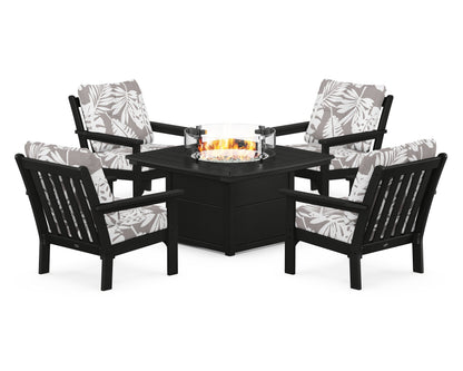 POLYWOOD® Vineyard 5-Piece Conversation Set with Fire Pit Table in Black / Leaf Grey Mist