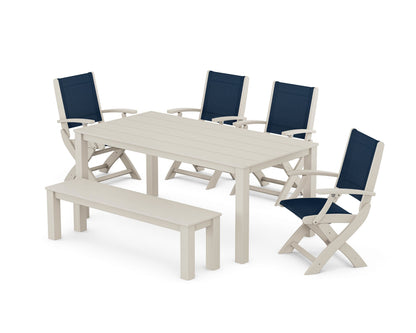 POLYWOOD® Coastal Folding Chair 6-Piece Parsons Dining Set with Bench in Sand / Navy Blue Sling