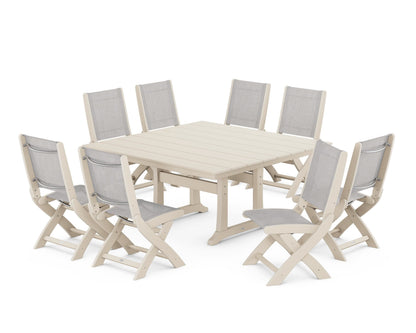 POLYWOOD® Coastal Folding Side Chair 9-Piece Farmhouse Dining Set in Sand / Parchment Sling