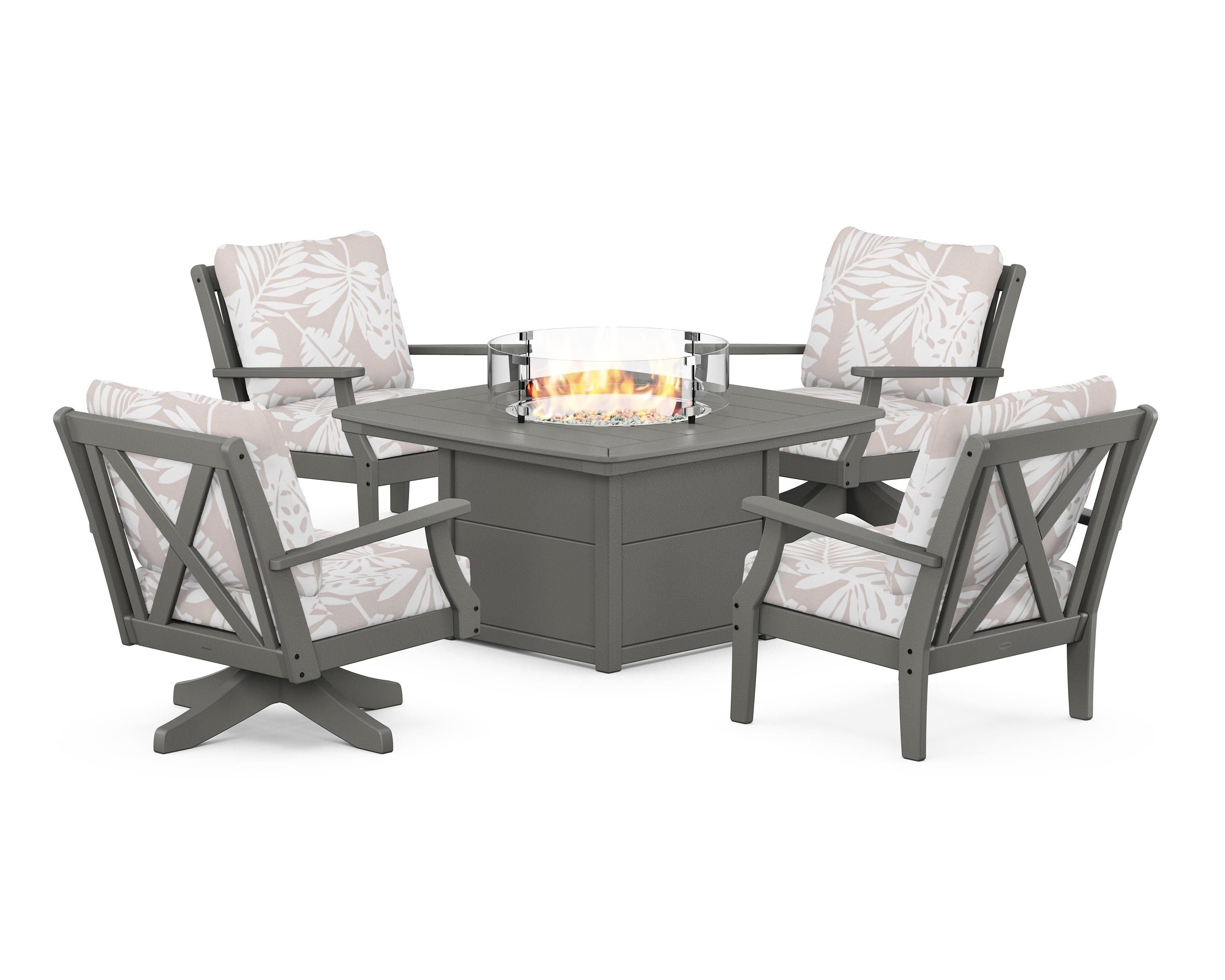 POLYWOOD® Braxton 5-Piece Deep Seating Set with Fire Table in Slate Grey / Leaf Dune Burlap