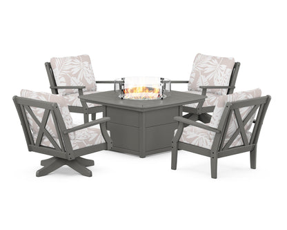 POLYWOOD® Braxton 5-Piece Deep Seating Set with Fire Table in Slate Grey / Leaf Dune Burlap