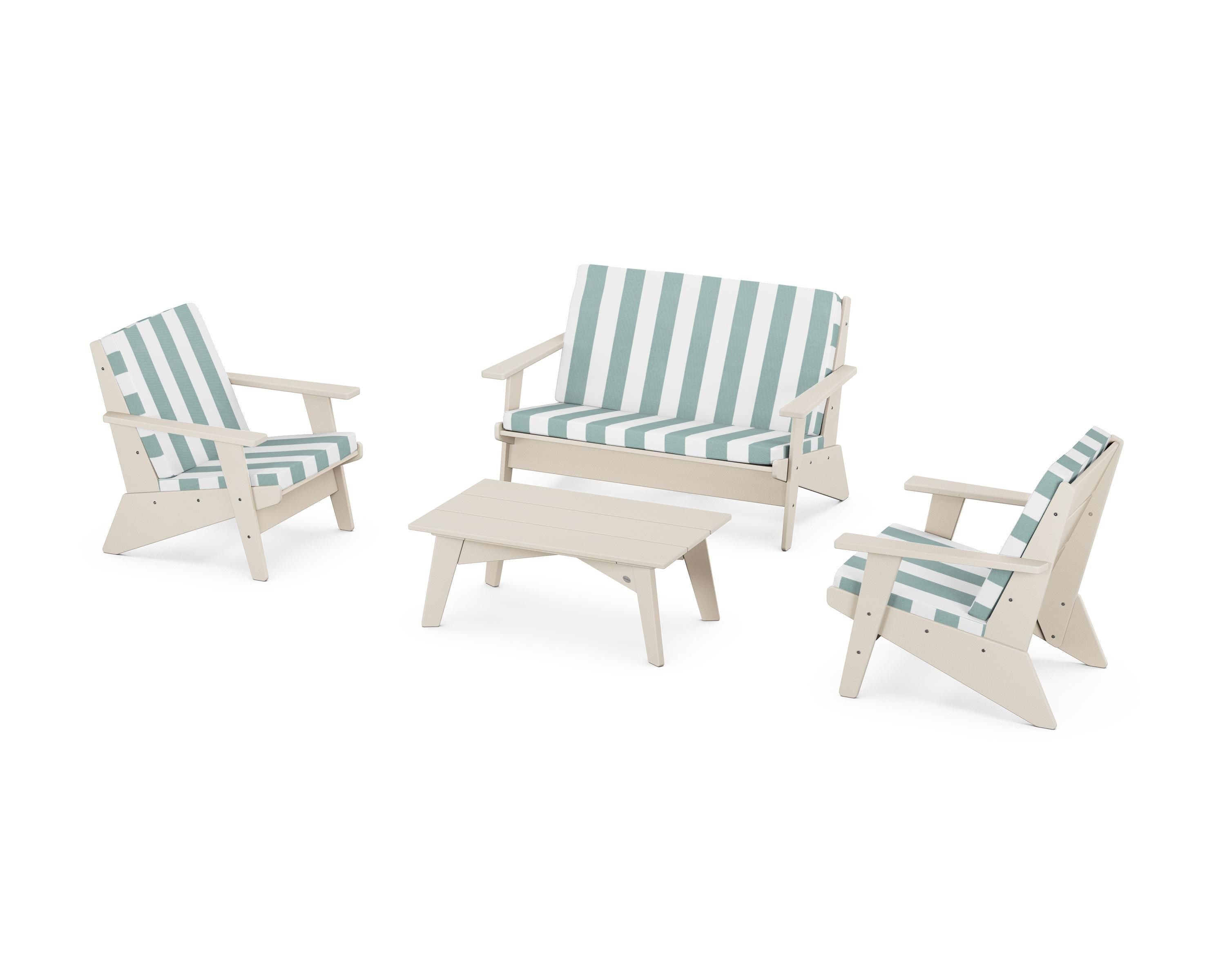 POLYWOOD® Riviera Modern Lounge 4-Piece Set in Sand / Cabana Stripe Glacier Spa