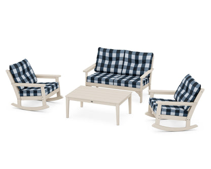 POLYWOOD® Vineyard 4-Piece Deep Seating Rocking Chair Set in Sand / Buffalo Plaid Marine Indigo