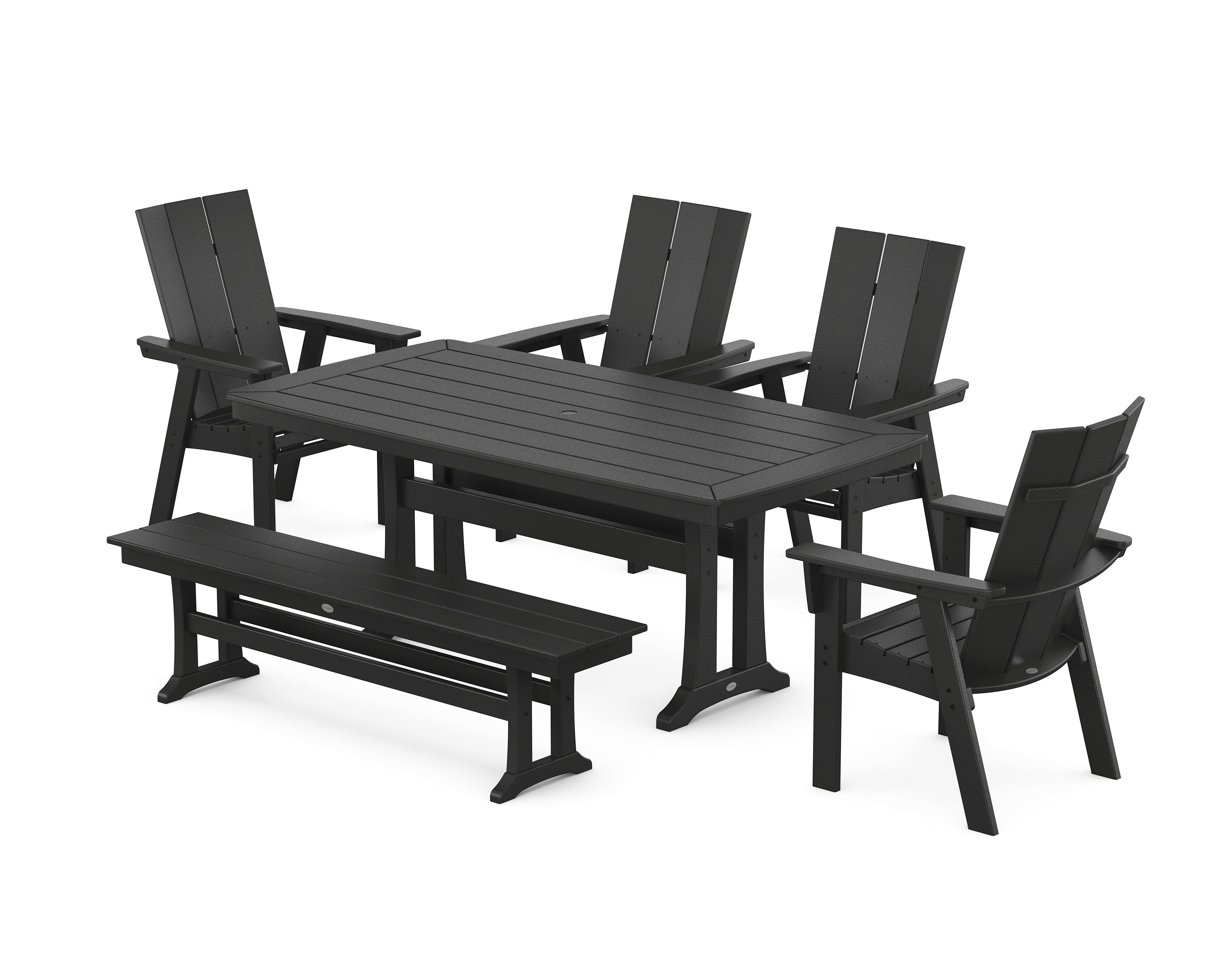 POLYWOOD® Modern Curveback Adirondack 6-Piece Farmhouse Dining Set with Trestle Legs and Bench in Black
