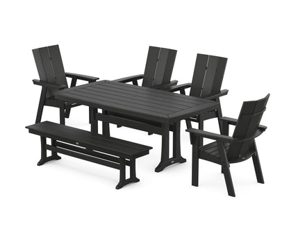POLYWOOD® Modern Curveback Adirondack 6-Piece Farmhouse Dining Set with Trestle Legs and Bench in Black