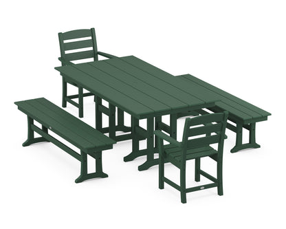 POLYWOOD® Lakeside 5-Piece Farmhouse Dining Set with Benches in Green