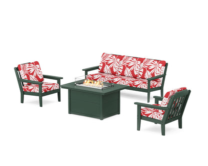 Country Living Cottage Deep Seating Fire Pit Table Set in Green / Leaf Crimson