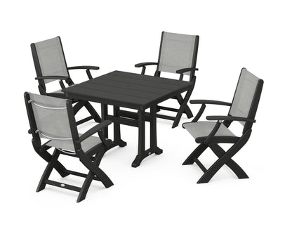 POLYWOOD® Coastal Folding Chair 5-Piece Farmhouse Dining Set With Trestle Legs in Black / Metallic Sling