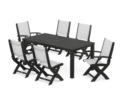 POLYWOOD® Coastal Folding Chair 7-Piece Parsons Dining Set in Black / White Sling