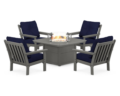 POLYWOOD® Vineyard 5-Piece Conversation Set with Fire Pit Table in Slate Grey / Navy