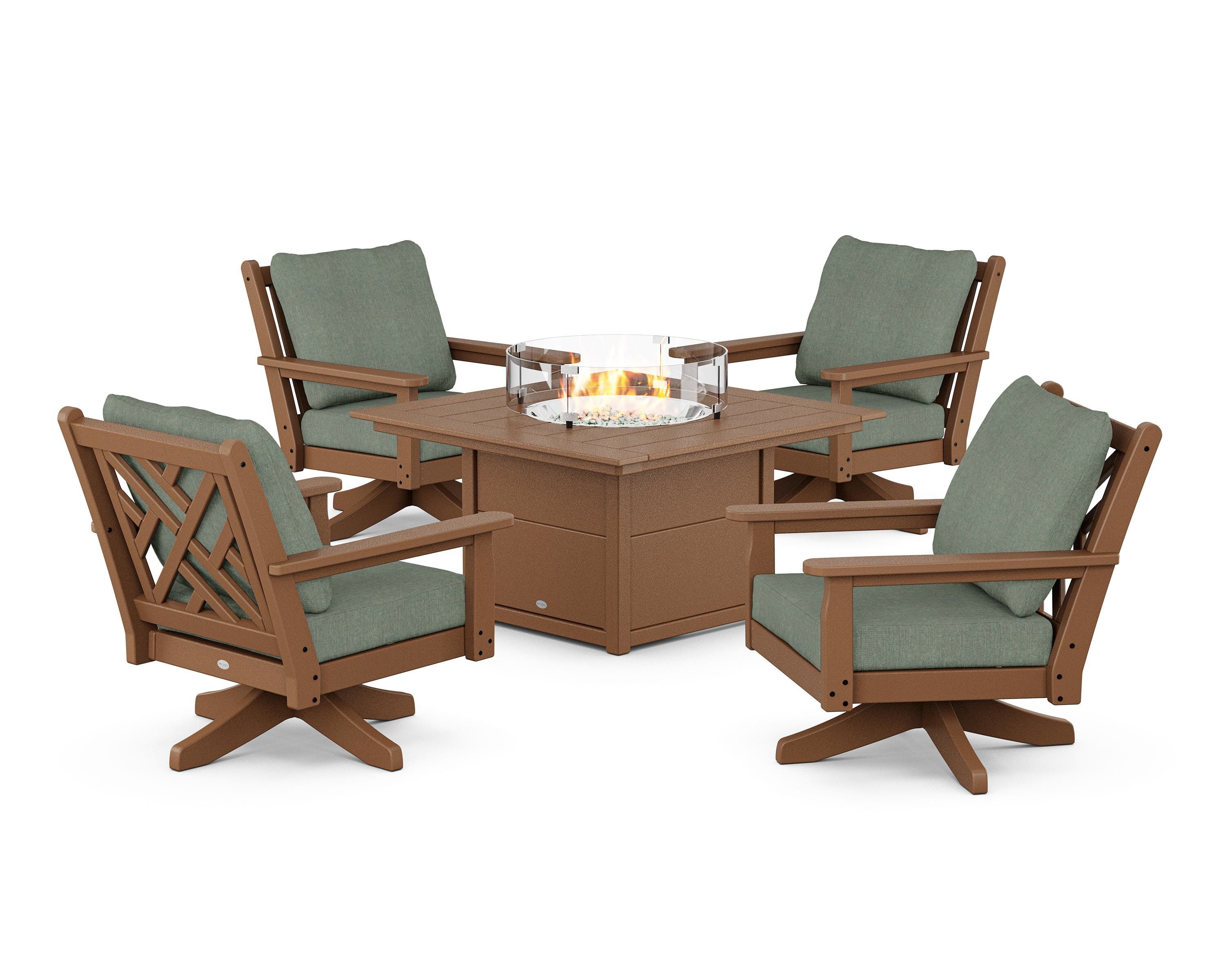 POLYWOOD® Chippendale 5-Piece Deep Seating Swivel Conversation Set with Fire Pit Table in Teak / Cast Sage