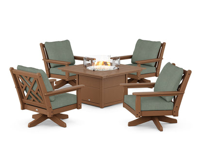 POLYWOOD® Chippendale 5-Piece Deep Seating Swivel Conversation Set with Fire Pit Table in Teak / Cast Sage