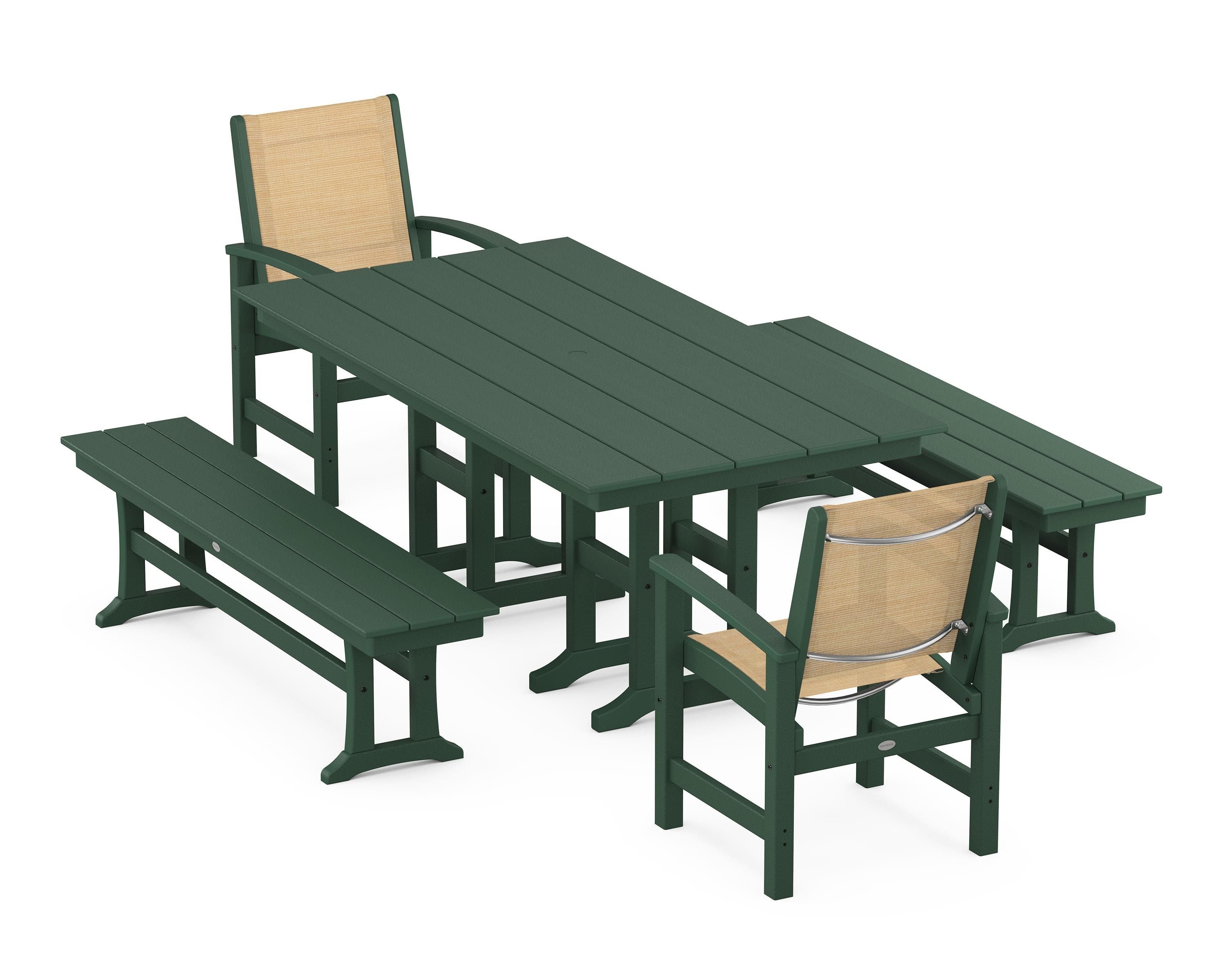 POLYWOOD® Coastal 5-Piece Farmhouse Dining Set in Green / Dupioni Apricot Sling