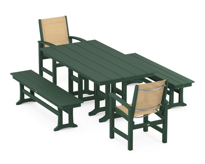 POLYWOOD® Coastal 5-Piece Farmhouse Dining Set in Green / Dupioni Apricot Sling