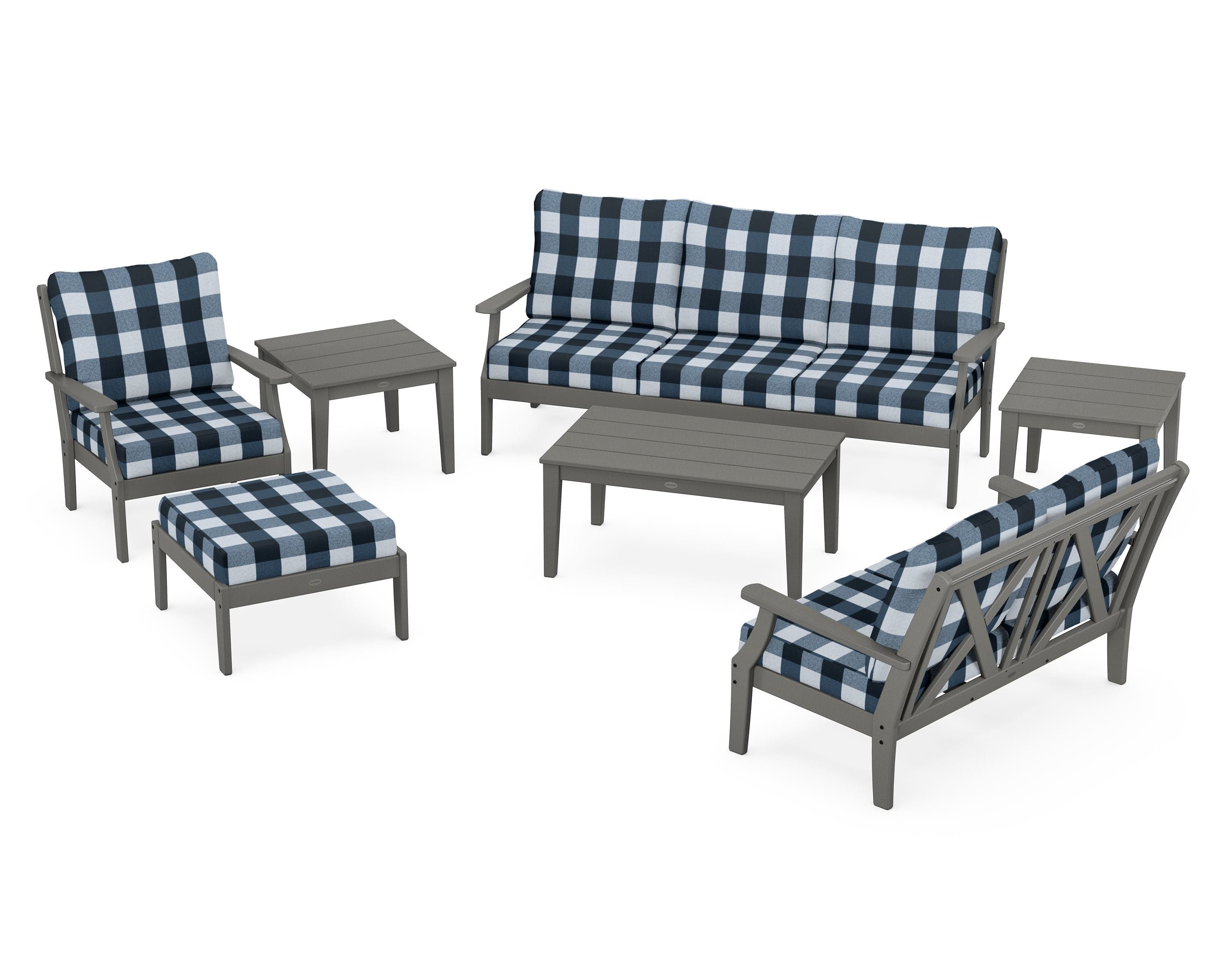POLYWOOD® Braxton 7-Piece Deep Seating Set in Slate Grey / Buffalo Plaid Marine Indigo