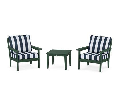 Country Living Cottage 3-Piece Deep Seating Set in Green / Cabana Stripe Marine Indigo