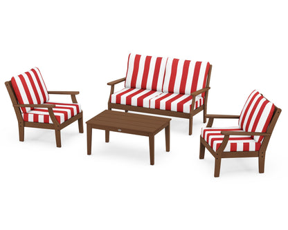 POLYWOOD® Braxton 4-Piece Deep Seating Chair Set in Teak / Cabana Stripe Crimson