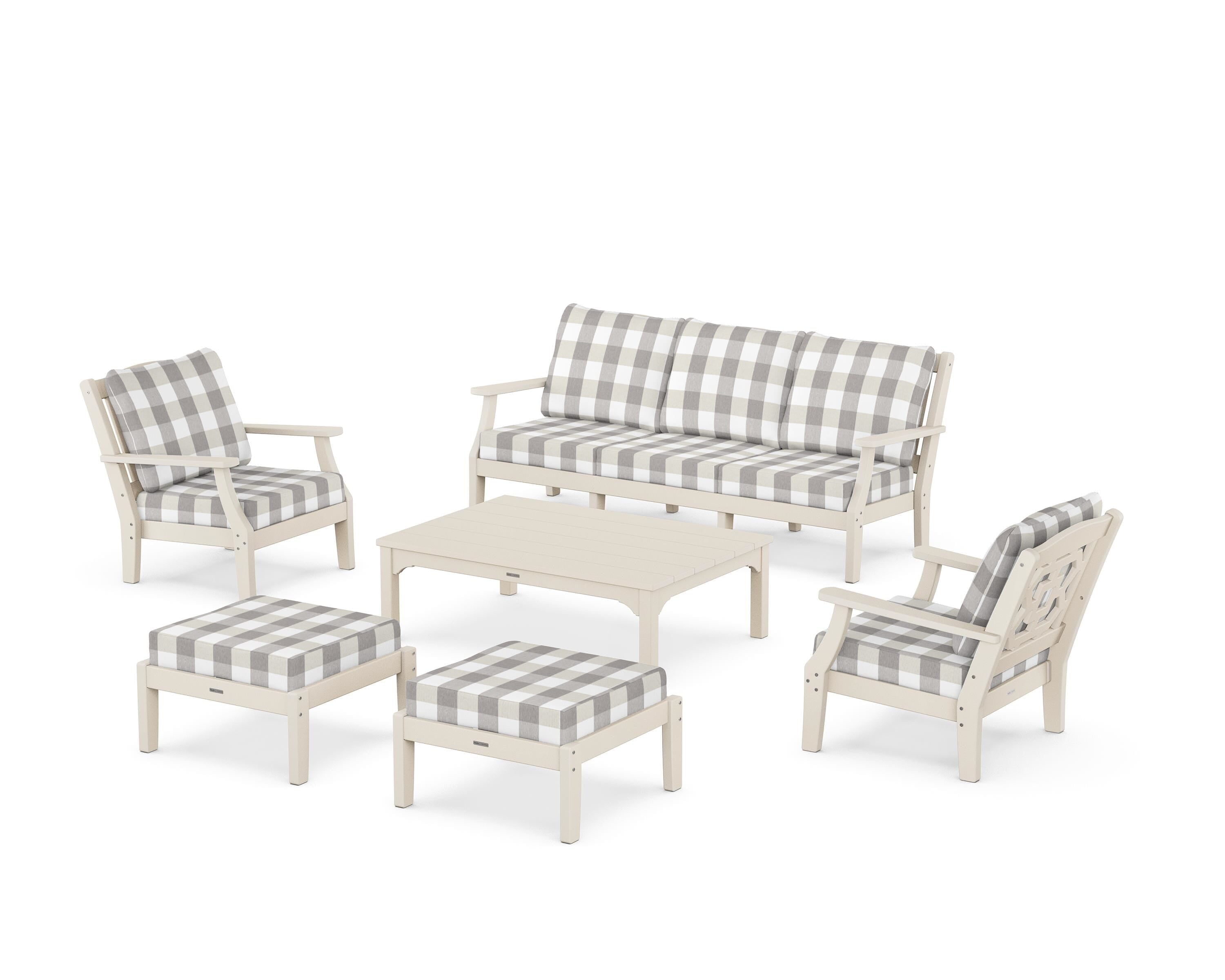 Martha Stewart by POLYWOOD® Chinoiserie 6-Piece Lounge Sofa Set in Sand / Buffalo Plaid Grey Mist