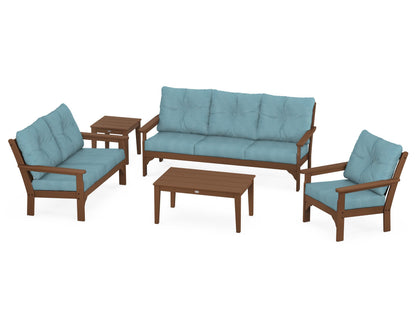 POLYWOOD® Vineyard 5 Piece Deep Seating Set in Teak / Lattice Sky Blue