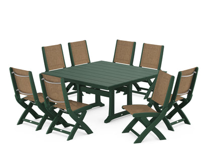 POLYWOOD® Coastal Folding Side Chair 9-Piece Farmhouse Dining Set in Green / Burlap Sling