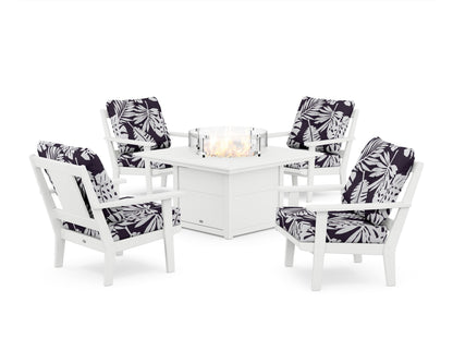 POLYWOOD® Prairie 5-Piece Deep Seating Set with Fire Pit Table in White / Leaf Navy