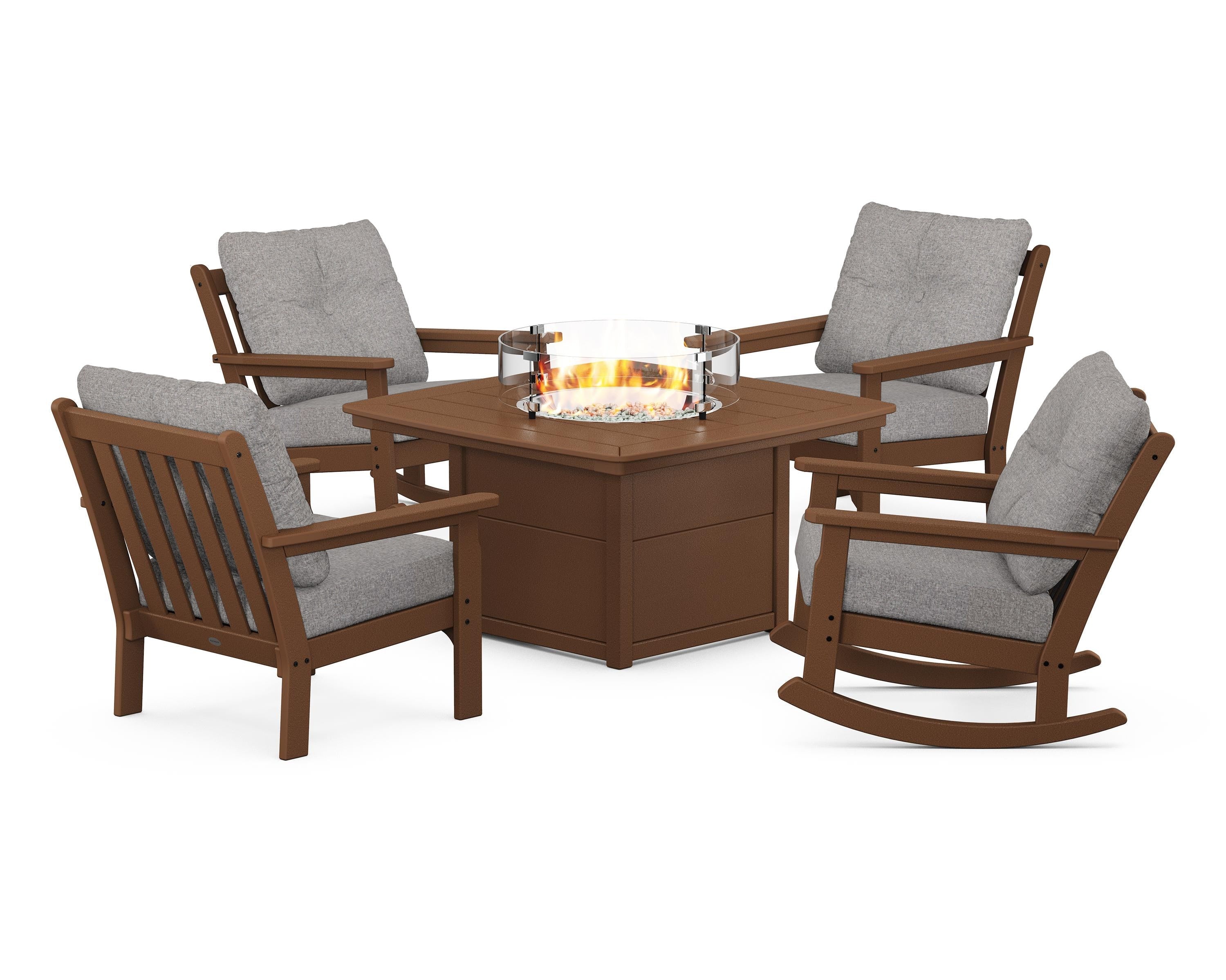 POLYWOOD® Vineyard 5-Piece Deep Seating Rocking Chair Conversation Set with Fire Pit Table in Teak / Grey Mist