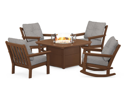 POLYWOOD® Vineyard 5-Piece Deep Seating Rocking Chair Conversation Set with Fire Pit Table in Teak / Grey Mist