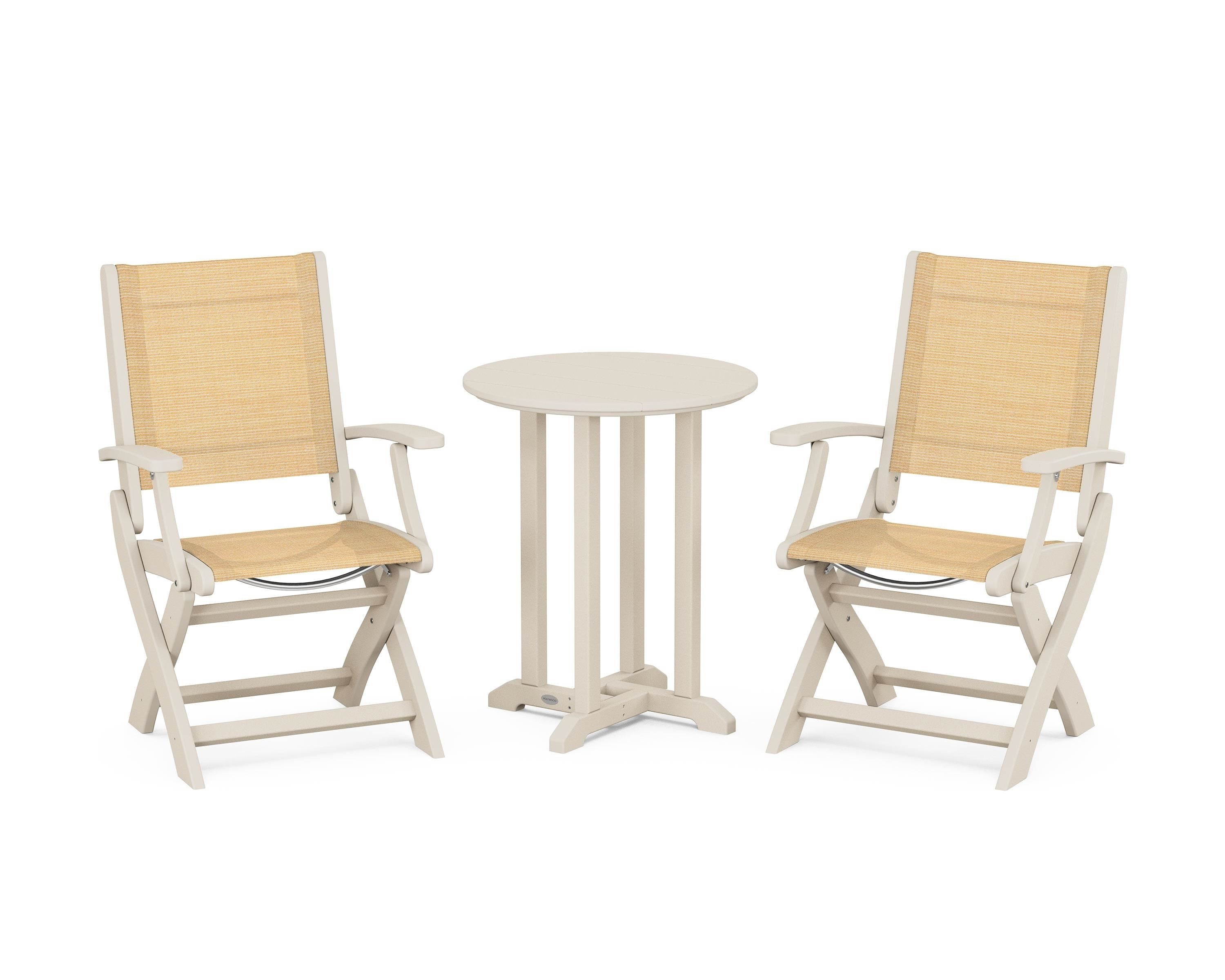 POLYWOOD® Coastal Folding 3-Piece Round Bistro Dining Set in Sand / Dupioni Apricot Sling