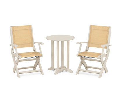 POLYWOOD® Coastal Folding 3-Piece Round Bistro Dining Set in Sand / Dupioni Apricot Sling