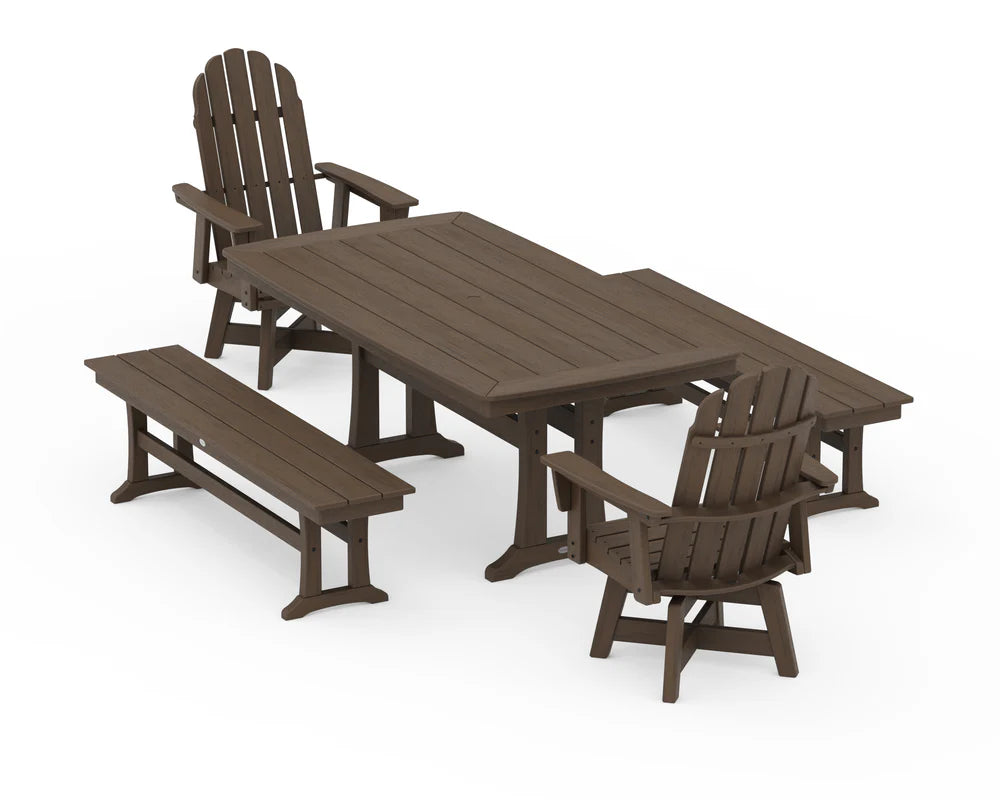 Vineyard Adirondack Swivel Chair 5-Piece Dining Set with Trestle Legs and Benches